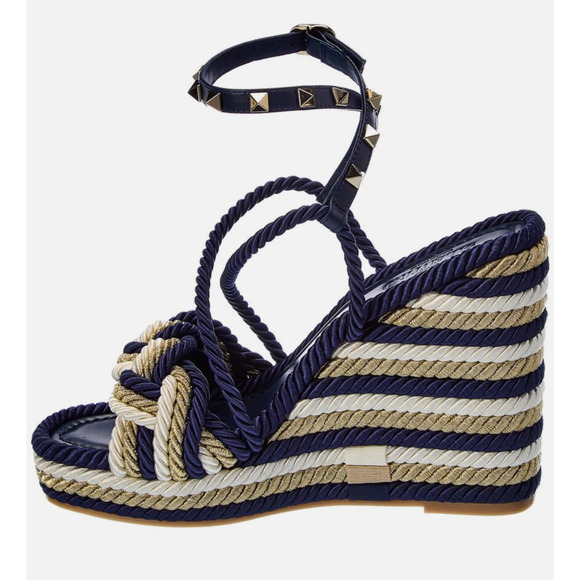 Valentino Rockstud Torchon Blue Stripe Cord Rope Wedge Ankle Strap Sandal 38 - Picture 9 of 12